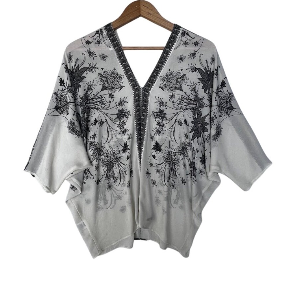 Cream Black Floral Kimono Top Sheer V-Neck Flowy Boho Blouse‎ Womens Medium
